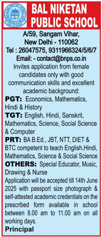 Bal Niketan Public School Delhi Teacher Recruitment