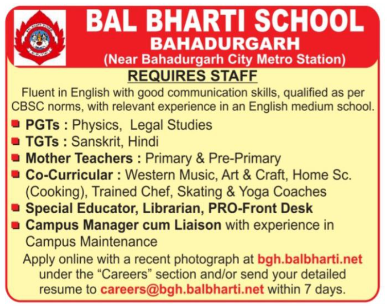 Bal Bharti School Bahadurgarh Invites Applications for Teaching Co-Curricular and Admin Positions