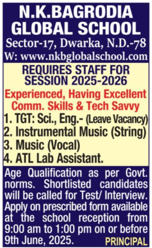 NK Bagrodia Global School Dwarka Invites Applications for TGT / Music and ATL Lab Assistant Posts