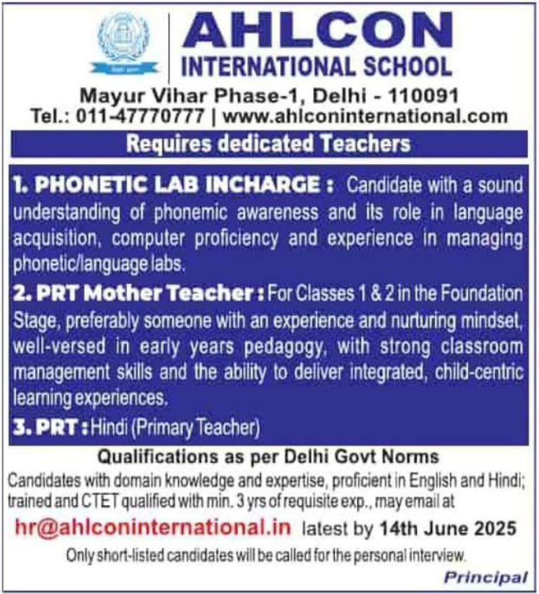 Teacher Openings at Ahlcon International School Mayur Vihar