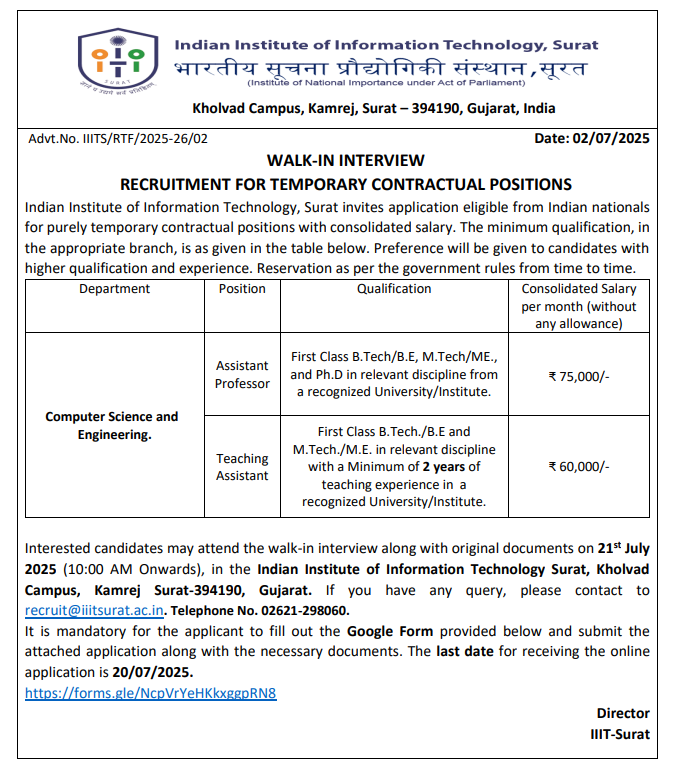 IIIT Surat Assistant Professor and Teaching Assistant Vacancy in CSE