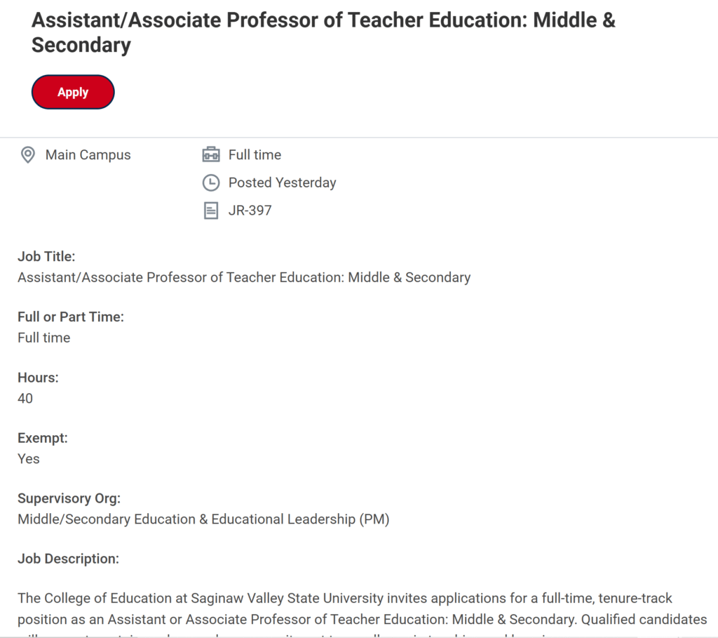Assistant Professor in Teacher Education at Saginaw Valley State University