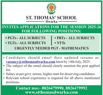 St Thomas School Dwarka Urgent Teacher Requirements