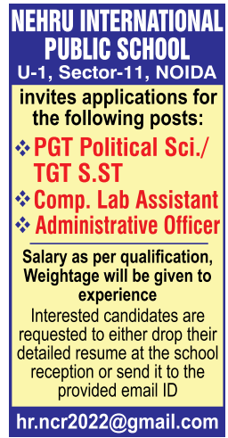 Nehru International Public School Noida Job Vacancies 2025
