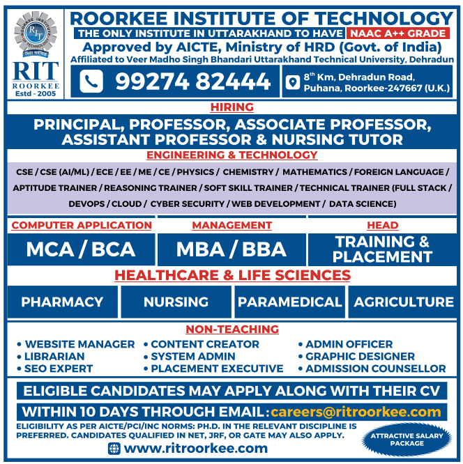 Faculty and Non-Teaching Jobs at Roorkee Institute of Technology 2025