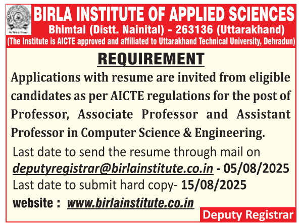 Birla Institute of Applied Sciences Faculty Recruitment 2025