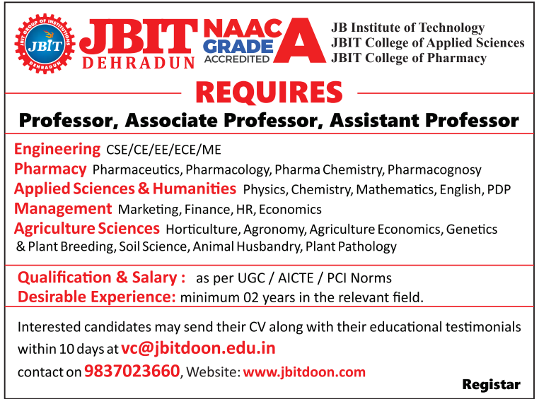 JBIT Dehradun Professor Associate and Assistant Professor Jobs