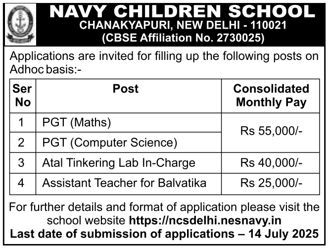 Navy Children School Delhi Teaching and ATL Jobs on Adhoc Basis