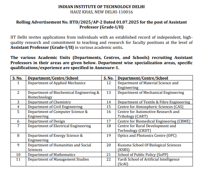 Rolling Advertisement for Assistant Professor (Grade I/II) Positions at IIT Delhi