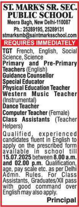 Teaching Jobs in Delhi at St. Mark Sr. Sec. Public School