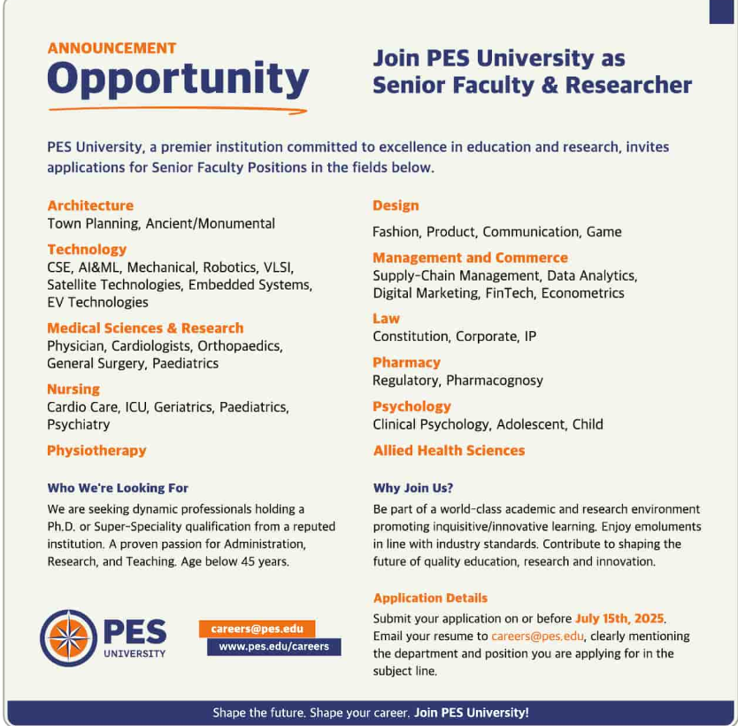 PES University Bengaluru Hiring Senior Faculty 2025