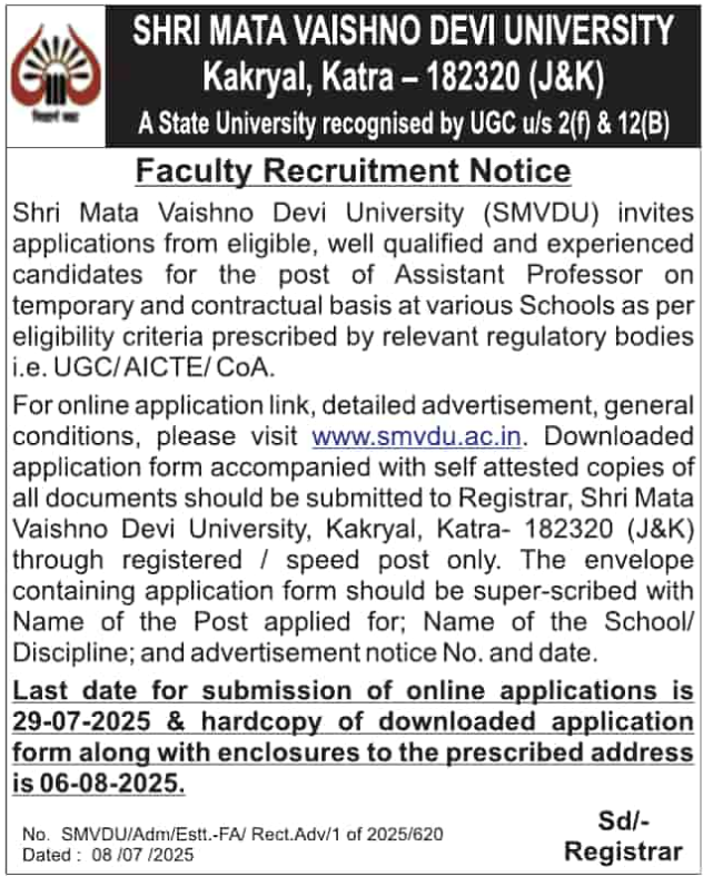 Shri Mata Vaishno Devi University Assistant Professor Recruitment 2025