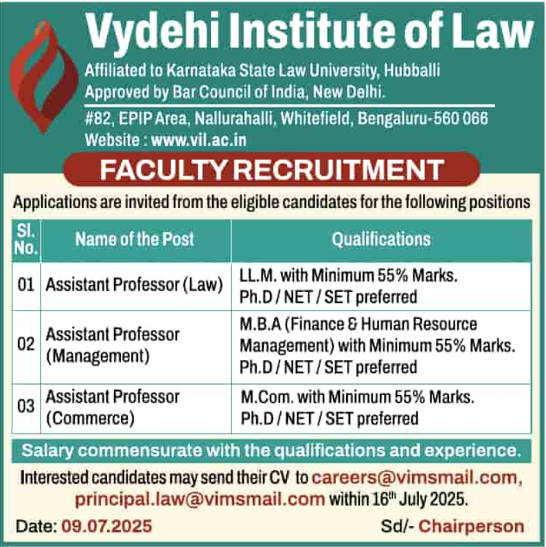 Vydehi Institute of Law Bengaluru Hiring Assistant Professors