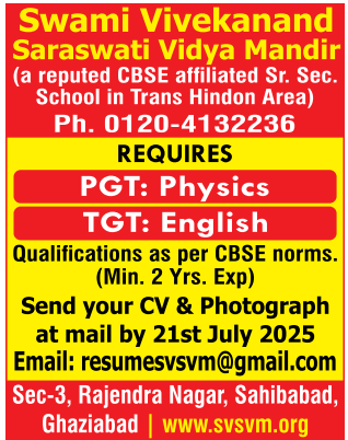 Swami Vivekanand Saraswati Vidya Mandir PGT and TGT Positions