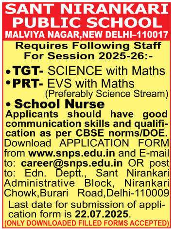 Sant Nirankari Public School Teaching & Staff Vacancies