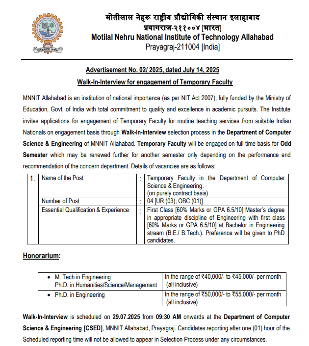 MNNIT Allahabad Walk-In-Interview for engagement of Temporary Faculty in CSE