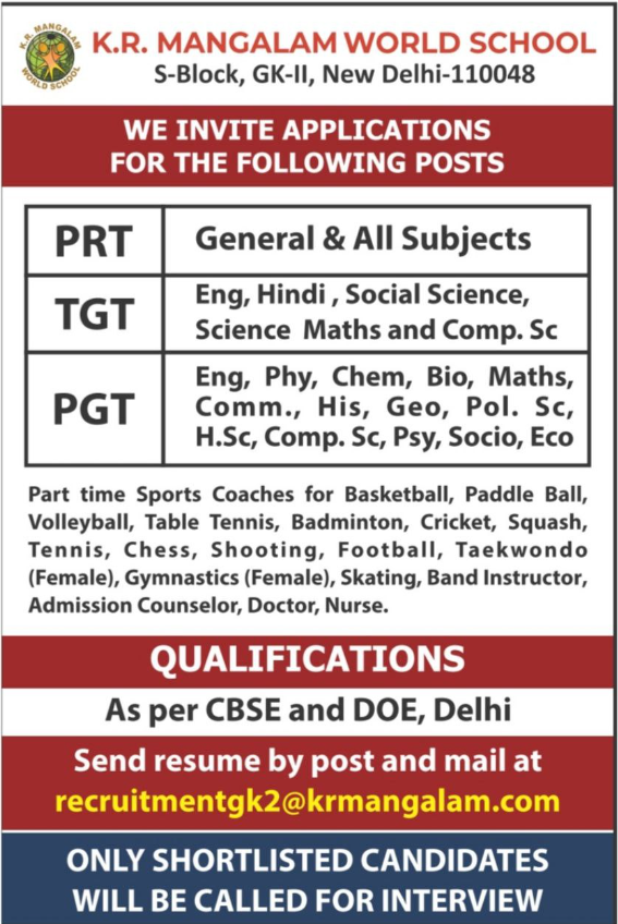 KR Mangalam World School Teaching and Non-Teaching Vacancies
