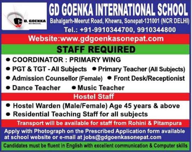 GD Goenka International School Sonepat Hiring for Teaching and Non-Teaching Positions