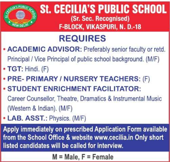 St Cecilia Public School New Delhi Hiring for Teaching and Non-Teaching Posts