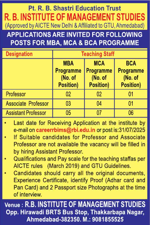 R B Institute of Management Studies is Hiring for Professor Associate Professor and Assistant Professor