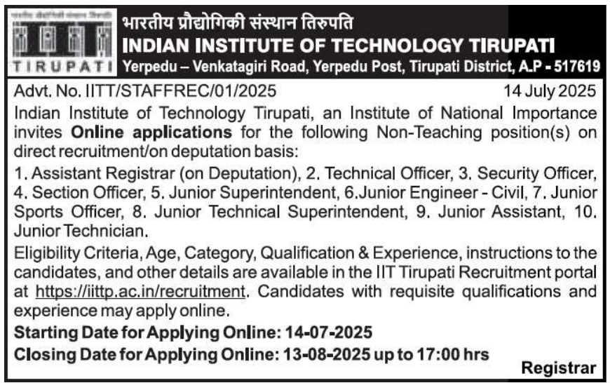 IIT Tirupati Staff Recruitment 2025
