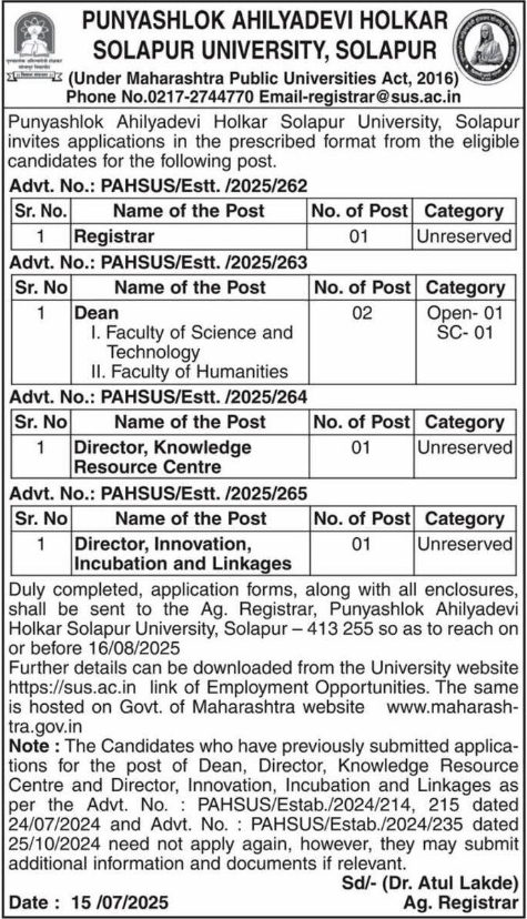 Director and Registrar Vacancies Solapur University