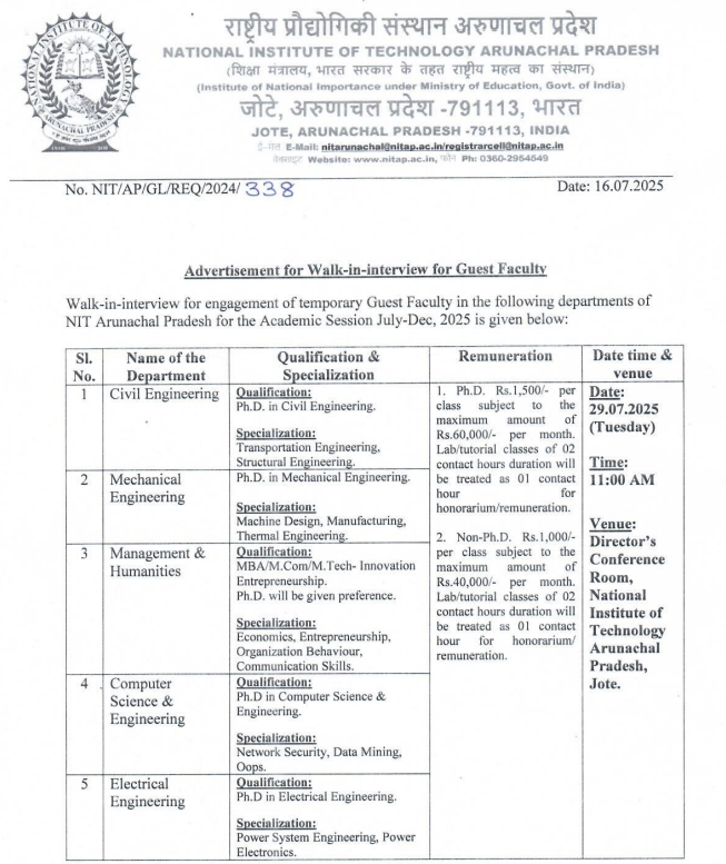 NIT Arunachal Pradesh Guest Faculty Recruitment in Engineering