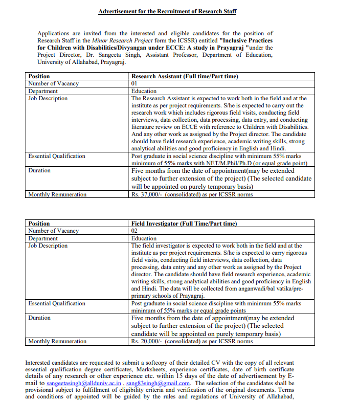University of Allahabad Hiring Research Assistant and Field Investigator
