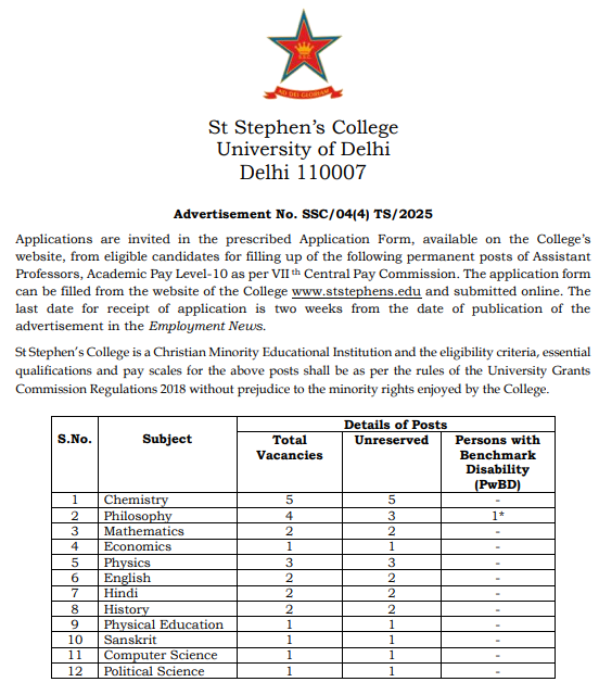 St Stephens College Delhi Hiring Assistant Professors 2025