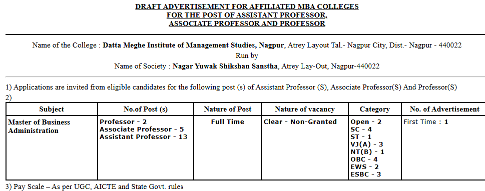Faculty Openings at Datta Meghe Institute of Management Studies