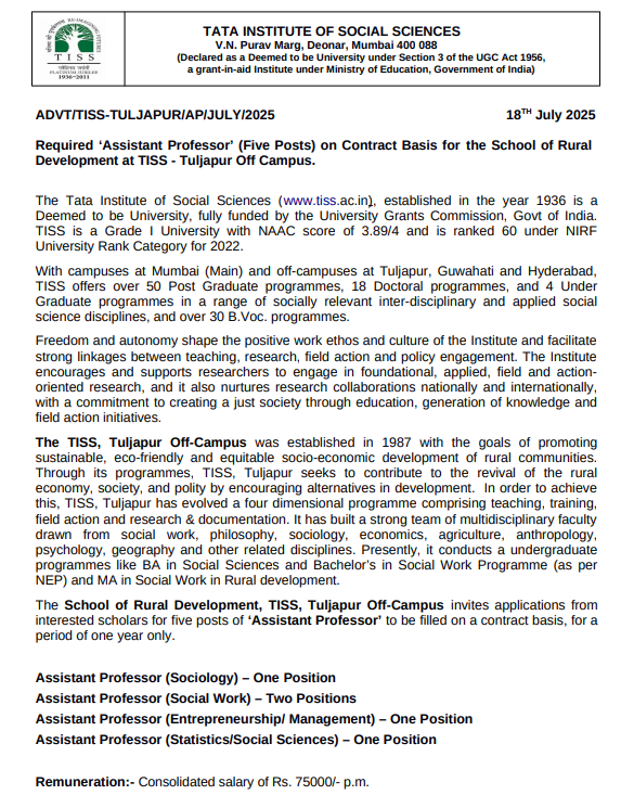 Tata Institute of Social Sciences Tuljapur Invites Applications for Contractual Assistant Professor Posts