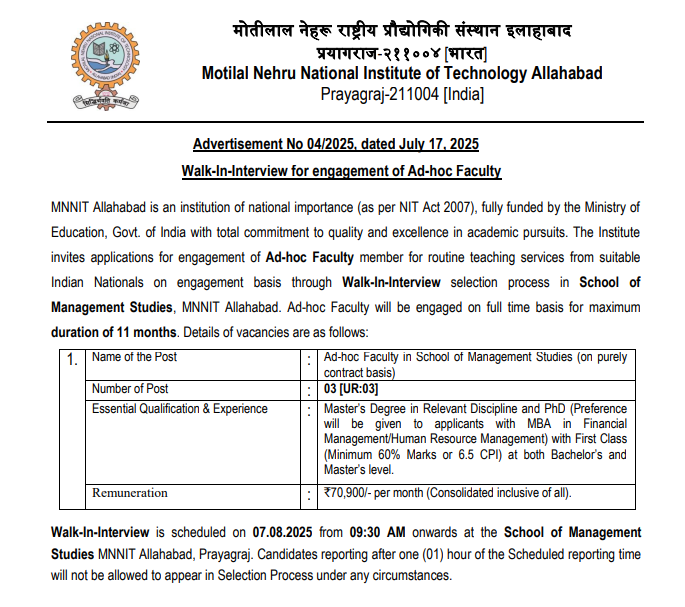 MNNIT Allahabad Ad-hoc Faculty Walk-In Recruitment 2025