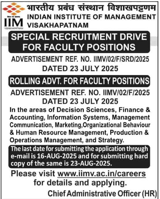 Indian Institute of Management Visakhapatnam Faculty Recruitment 2025