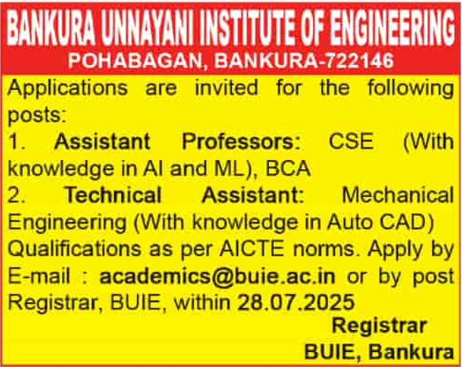 Bankura Unnayani Institute of Engineering Hiring Assistant Professor and Technical Assistant