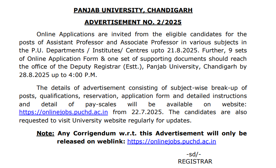 Panjab University Wanted Assistant and Associate Professor