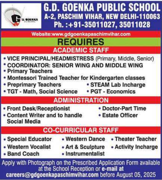 GD Goenka Public School Paschim Vihar Faculty and Staff Jobs 2025