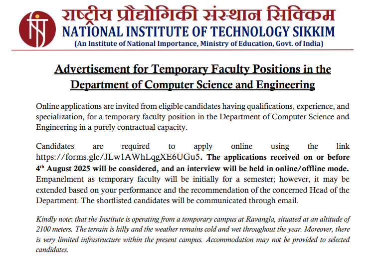 NIT Sikkim Temporary Faculty Jobs 2025