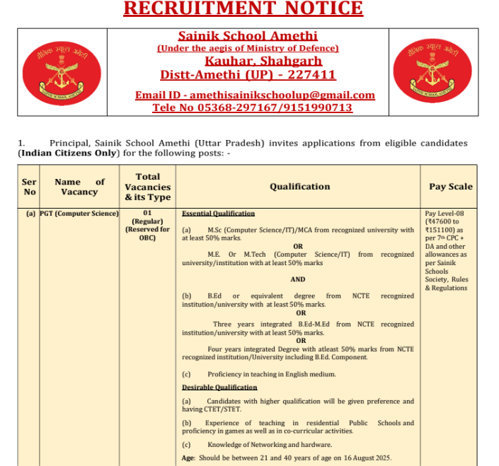 Sainik School Amethi Recruitment 2025