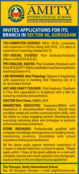 Amity International School Gurugram Recruitment 2025