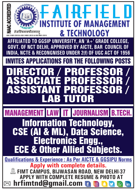 Fairfield Institute of Management and Technology Wanted Faculty and Lab Tutor Positions