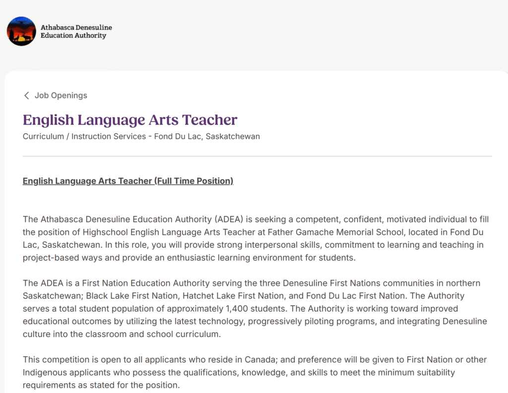 English Teacher AT Athabasca Denesuline Education Authority