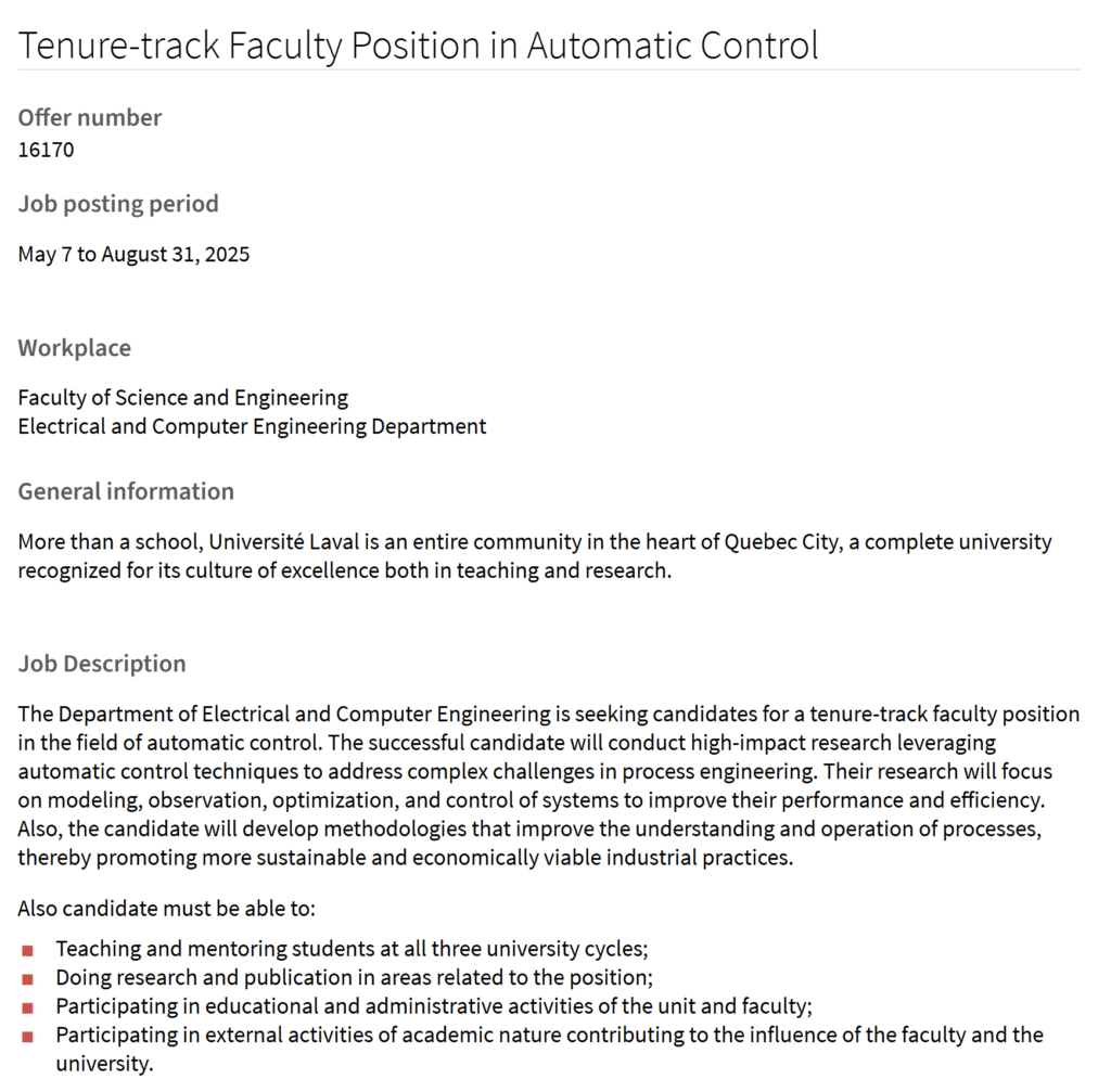 Faculty Position in Automatic Control at Université Laval