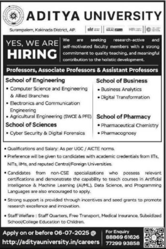 Aditya University Kakinada Faculty Recruitment 2025