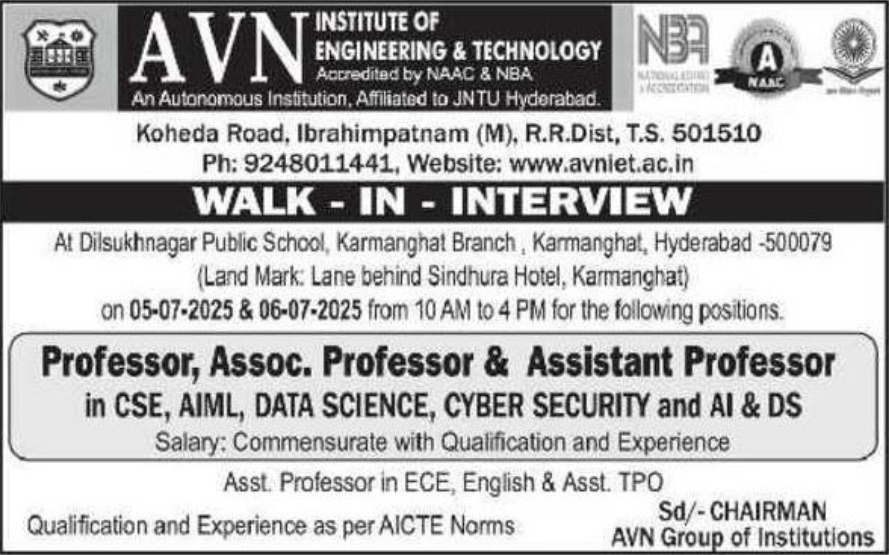 AVN Institute of Engineering and Technology Walk-In for Professor