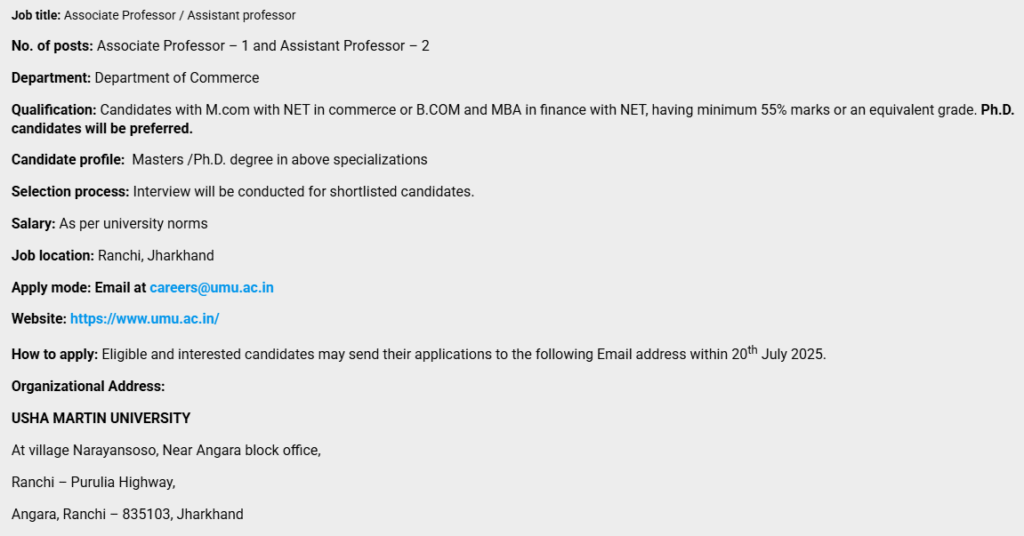 Usha Martin University Teaching and Lab Attendent Posts
