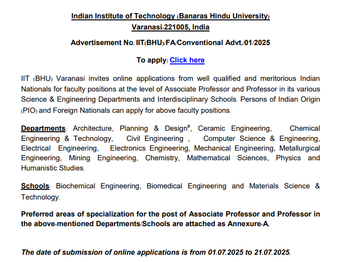 IIT BHU Announces Associate Professor and Professor