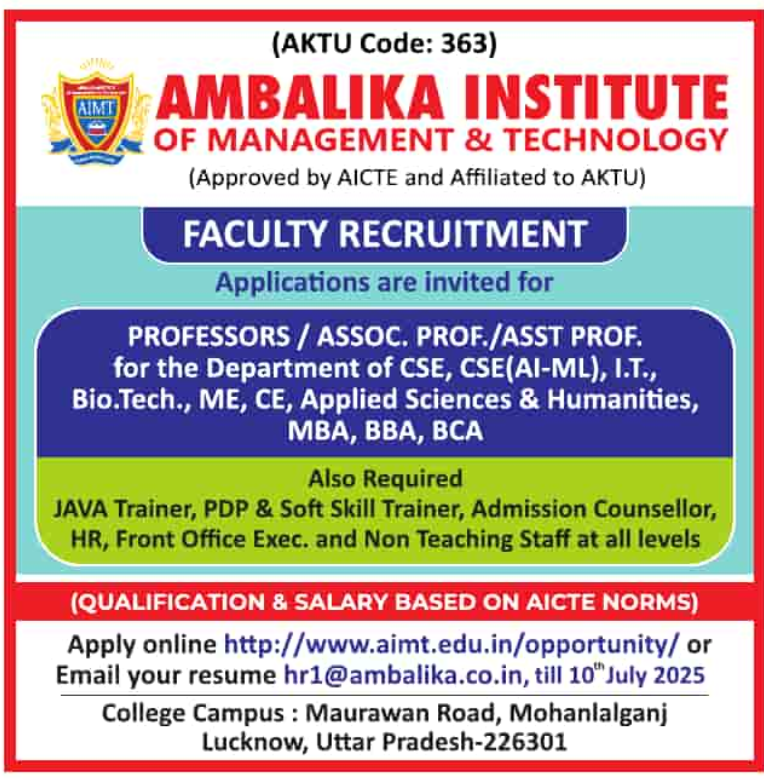 Faculty Openings at Ambalika Institute of Management and Technology