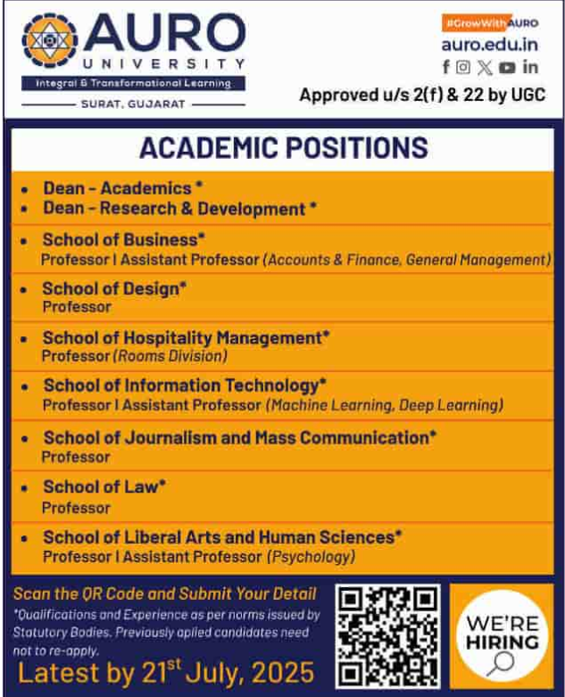 AURO University Surat Professor and Assistant Professor Vacancy