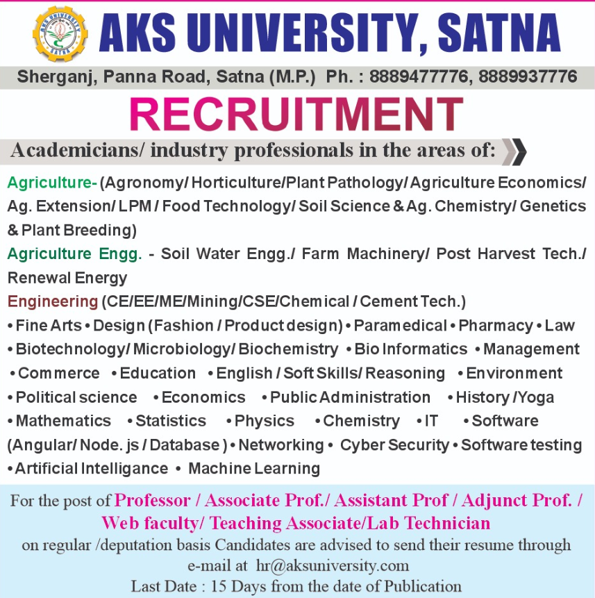 AKS University Satna Hiring Teaching and Non-Teaching Faculty