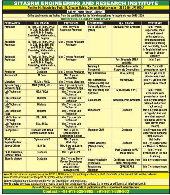 SITASRM Engineering and Research Institute Faculty and Staff Recruitment